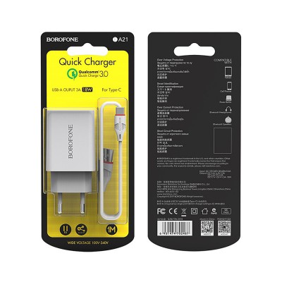 Зарядное сетевое сзу USB Borofone BA21A быстрое QC 3.0 + type-C белый
