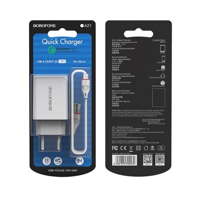 Зарядное сетевое сзу USB Borofone BA21A быстрое QC 3.0 + micro белый