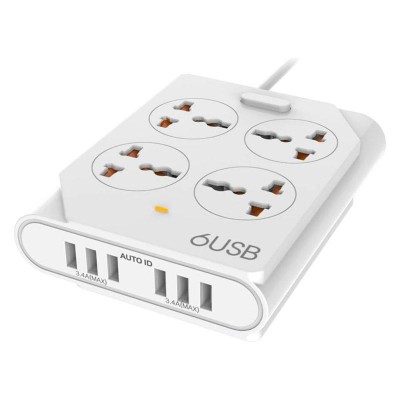 Фильтр сетевой 4 розетки СЗУ USB 6x 10A Moxom KH-63Y белый