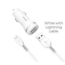 Зарядное автомобильное азу usb 2x Hoco Z27 2.4A + кабель для Apple lightning белый