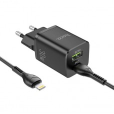 Зарядное сетевое сзу USB Hoco N13 быстрое QC 3.0 30W +PD +кабель Lightning черный