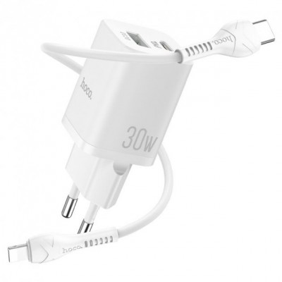Зарядное сетевое сзу USB Hoco N13 быстрое QC 3.0 30W +PD +кабель Type-C белый