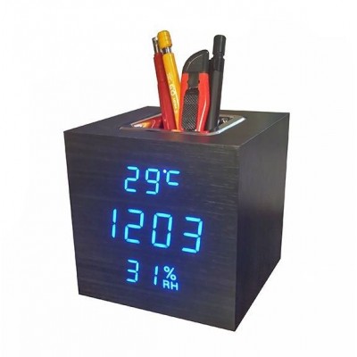 Часы LED с термометром VST-878s черное дерево синие цифры