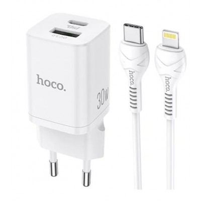 Зарядное сетевое сзу USB Hoco N13 быстрое QC 3.0 30W +PD +кабель Lightning белый